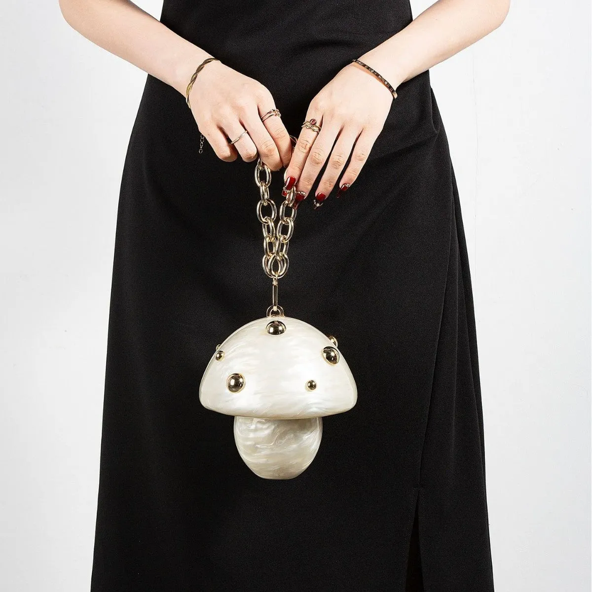 Portable oval mushroom acrylic handbag in milky white with open pocket and cotton lining
