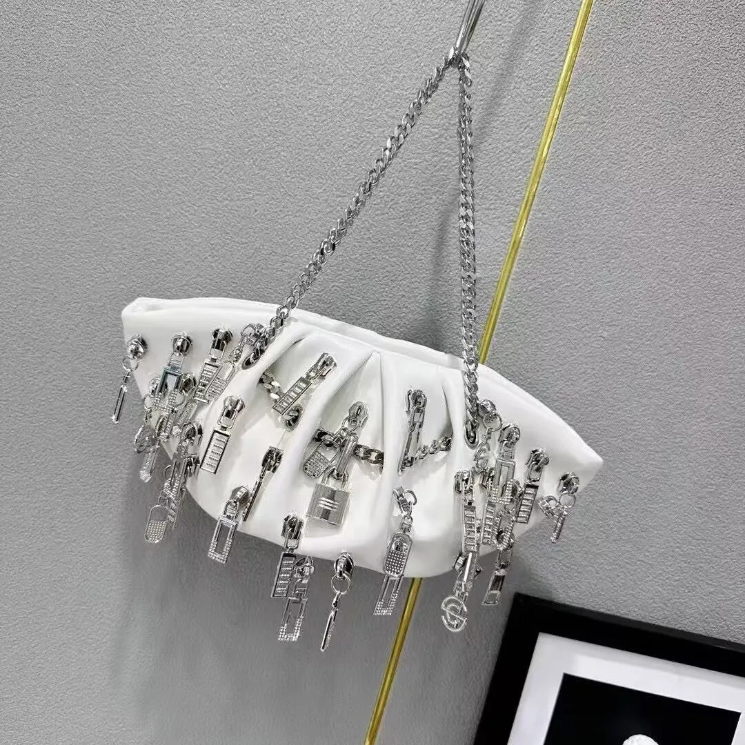 Niche chain cloud shoulder crossbody metal handbag in PU with dumbbell shape, chain and lock details, street trend style