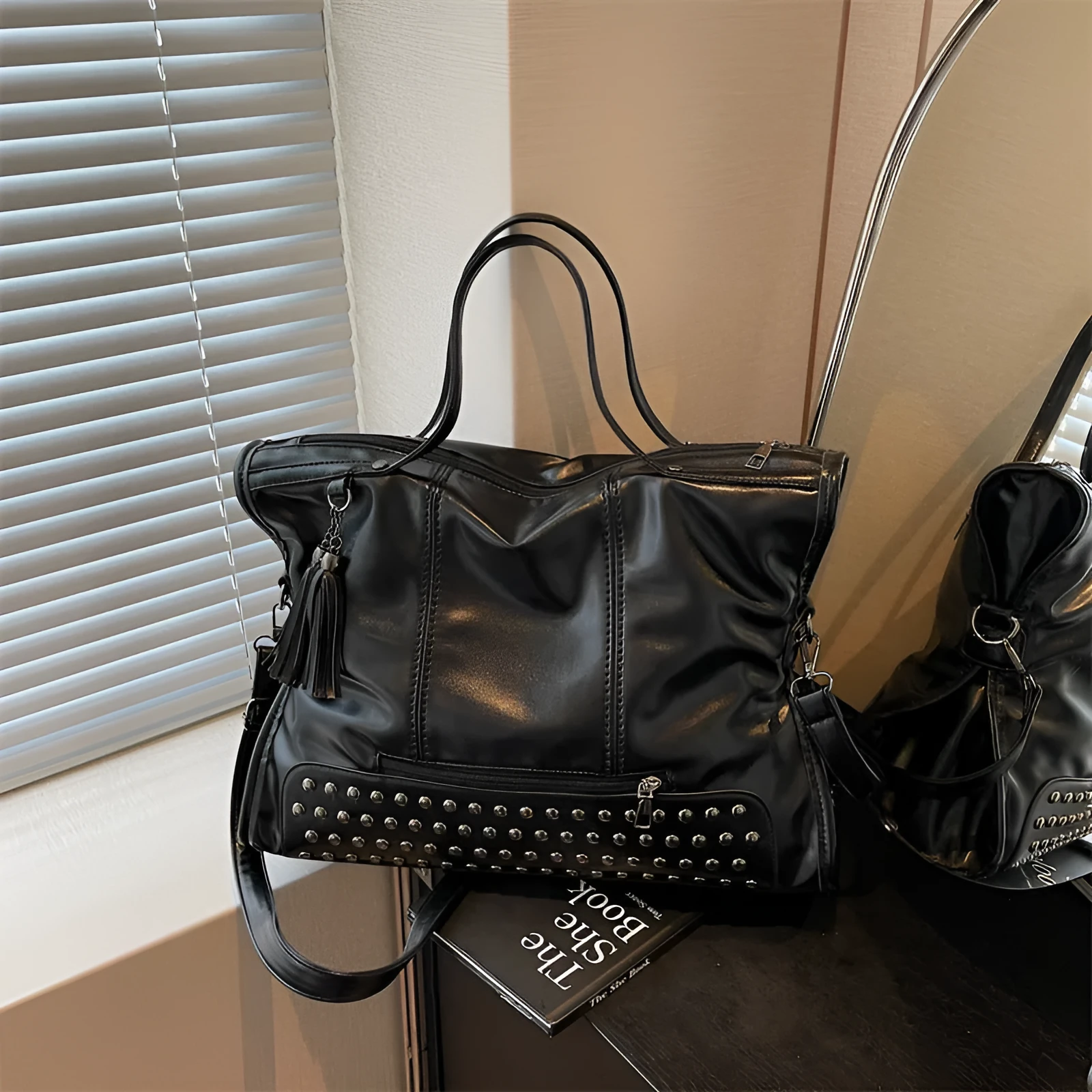 Women's messenger bag with rivet detail, large capacity, horizontal square shape, available in multiple colours