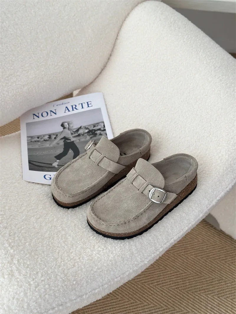 Men's and women's same style mule slippers in sand gray with cow suede upper and cork sole