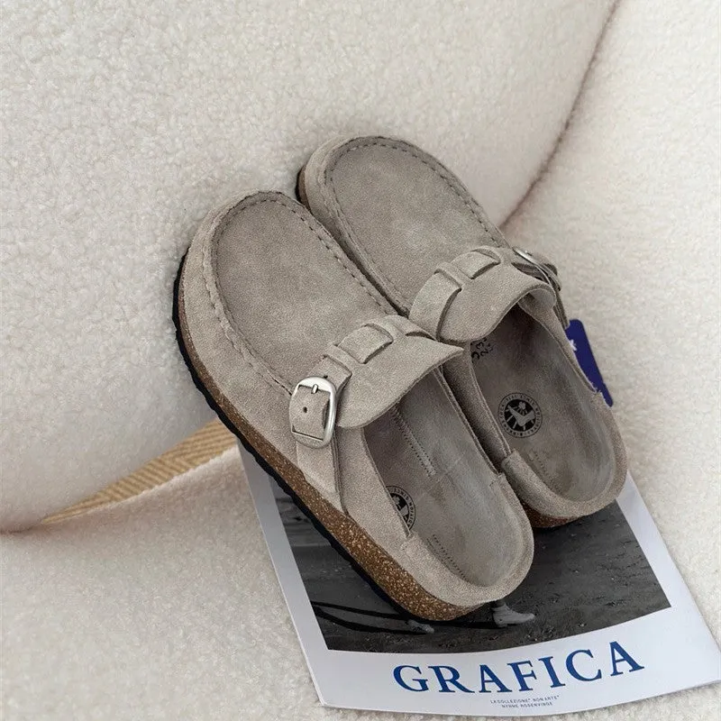 Men's and women's same style mule slippers in sand gray with cow suede upper and cork sole