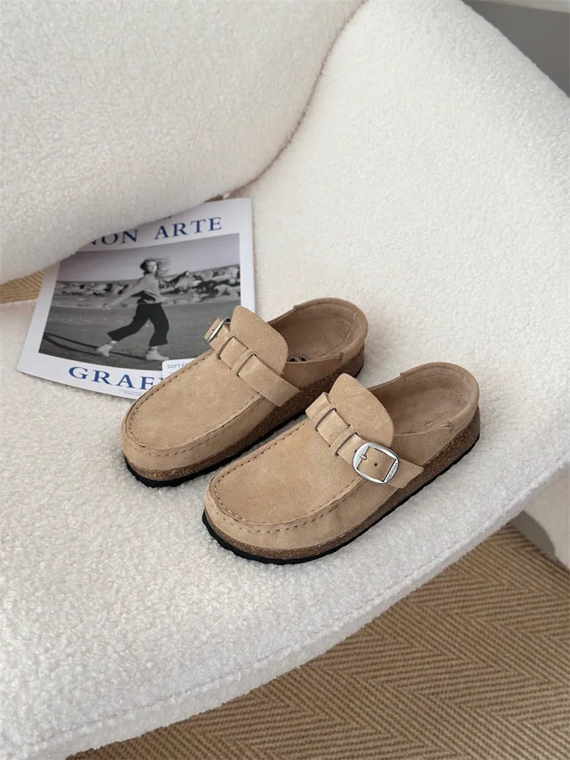 Men's and women's same style mule slippers in sand gray with cow suede upper and cork sole