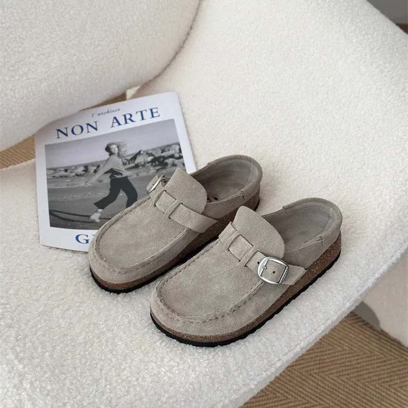 Men's and women's same style mule slippers in sand gray with cow suede upper and cork sole