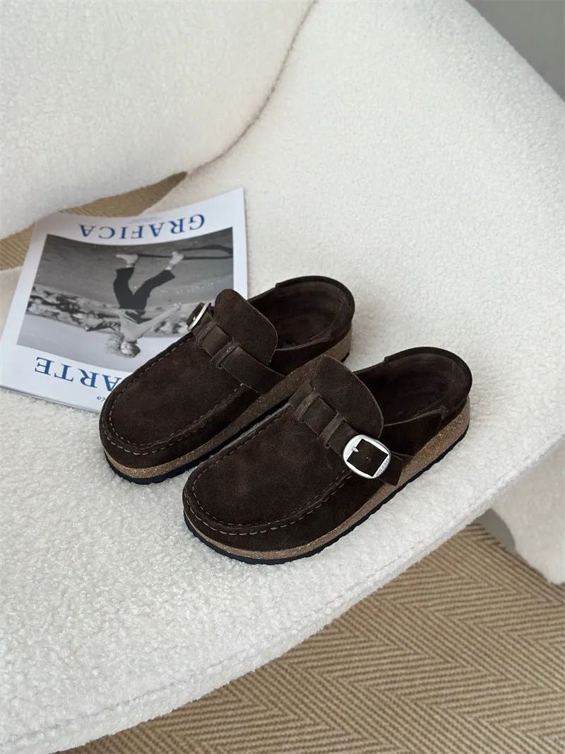 Men's and women's same style mule slippers in sand gray with cow suede upper and cork sole