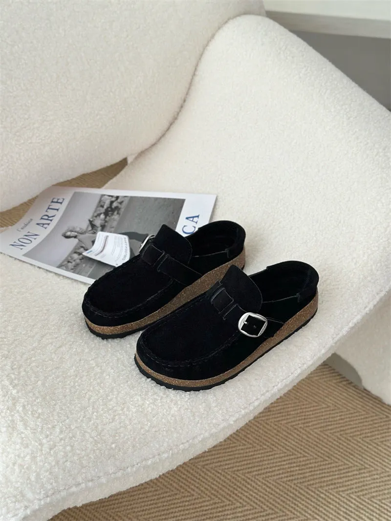 Men's and women's same style mule slippers in sand gray with cow suede upper and cork sole
