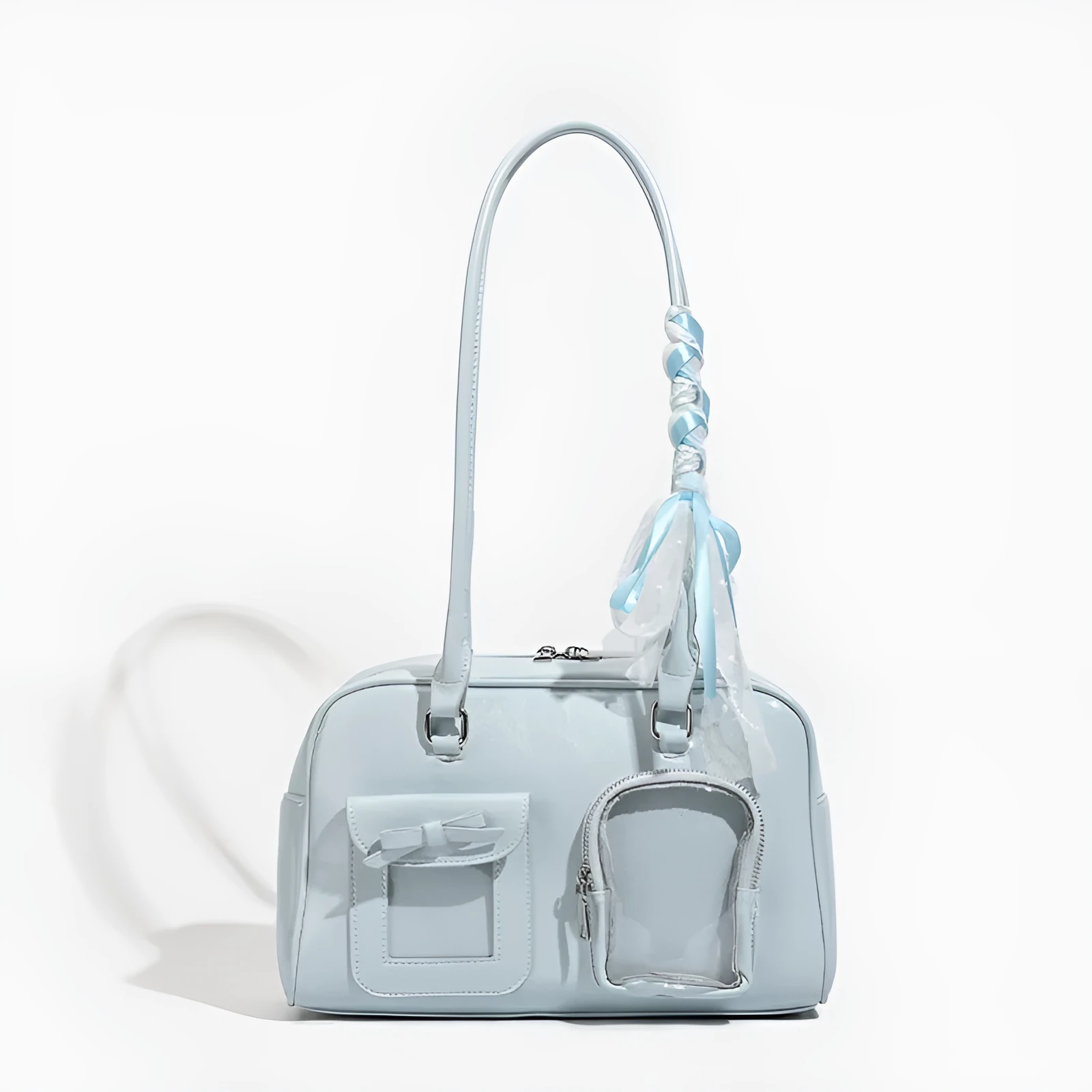 Blue large capacity women's one-shoulder tote bag made from soft PU with horizontal square shape