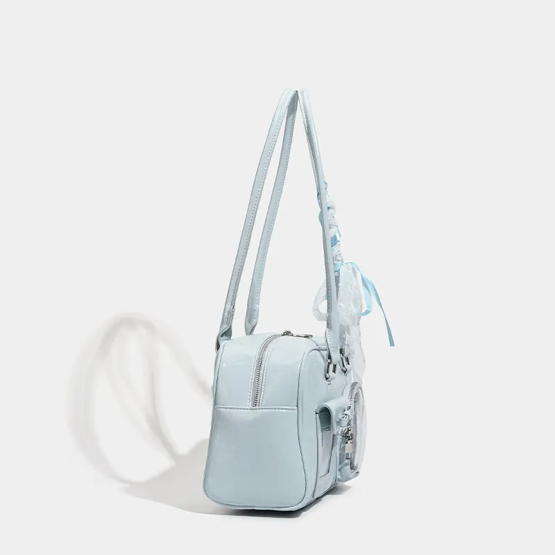Blue large capacity women's one-shoulder tote bag made from soft PU with horizontal square shape