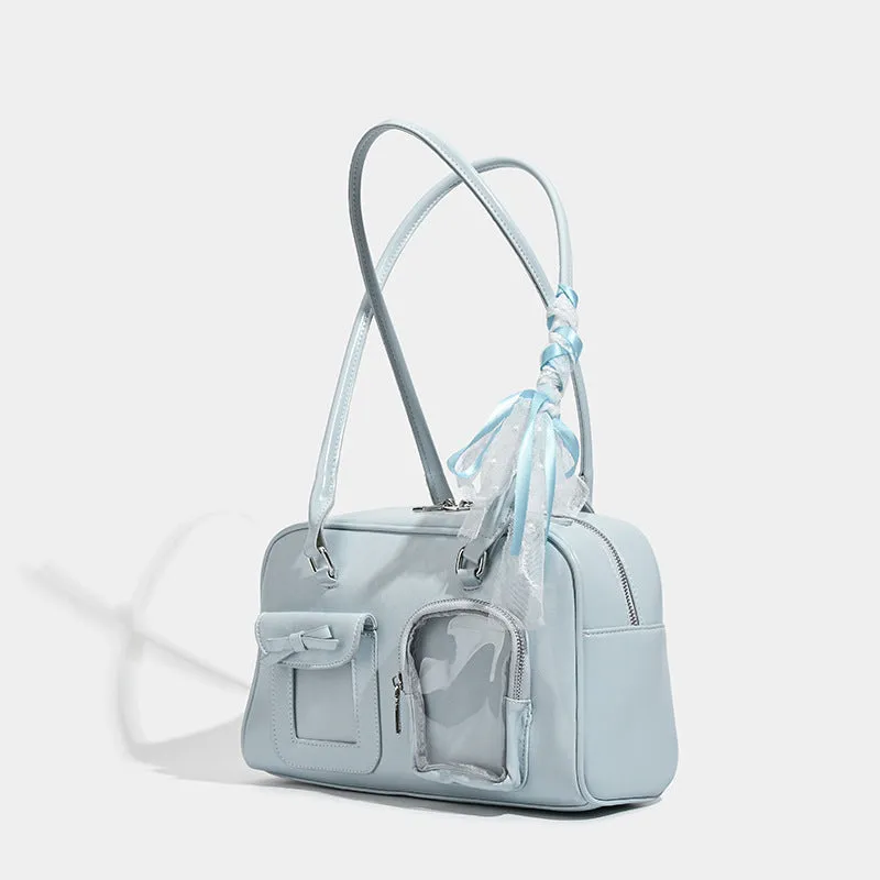 Blue large capacity women's one-shoulder tote bag made from soft PU with horizontal square shape