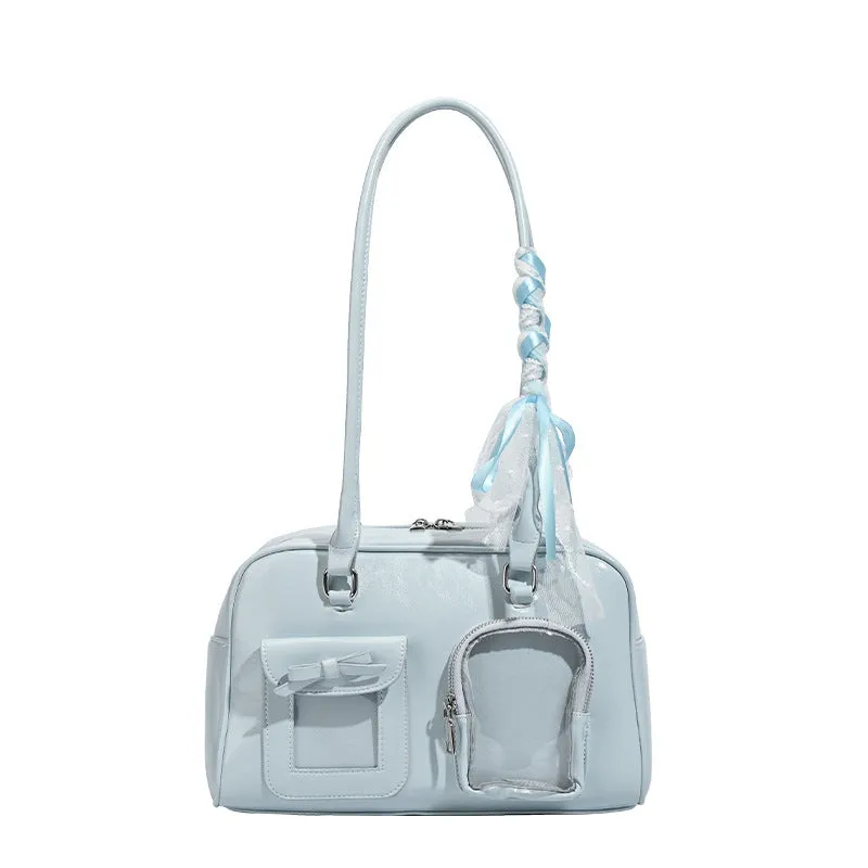 Blue large capacity women's one-shoulder tote bag made from soft PU with horizontal square shape
