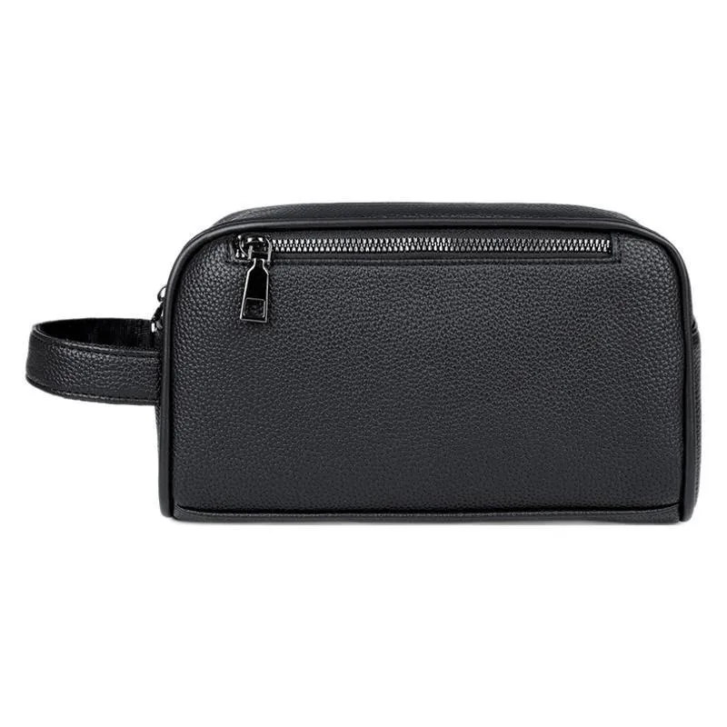 Men's solid colour business clutch bag in soft PU leather with visible sewing thread detail