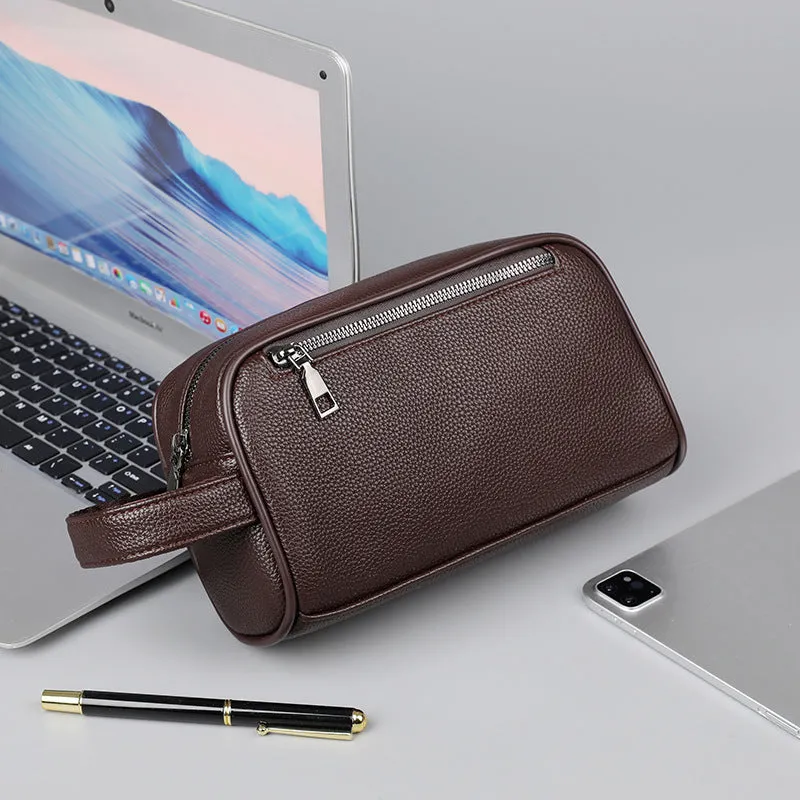 Men's solid colour business clutch bag in soft PU leather with visible sewing thread detail