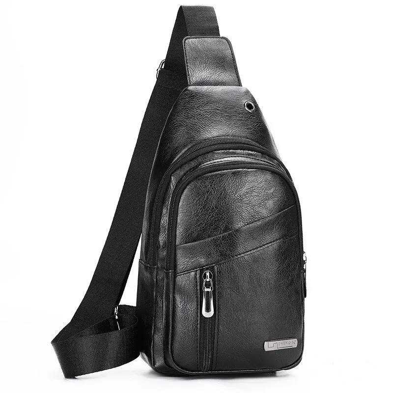 Men's multi-layer waterproof PU crossbody shoulder bag in urban simplicity style, available in black