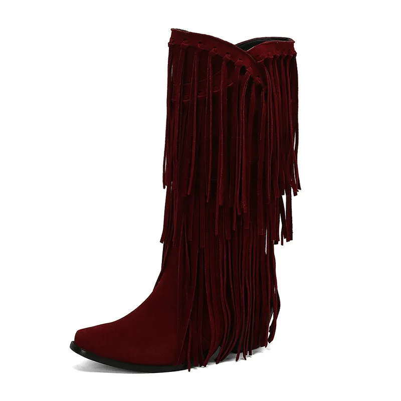 Women's suede high boots with chunky heel and square toe in beige, black, brown, red, yellow.