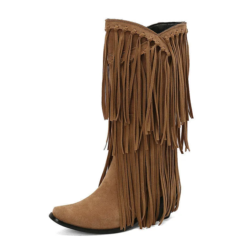 Women's suede high boots with chunky heel and square toe in beige, black, brown, red, yellow.
