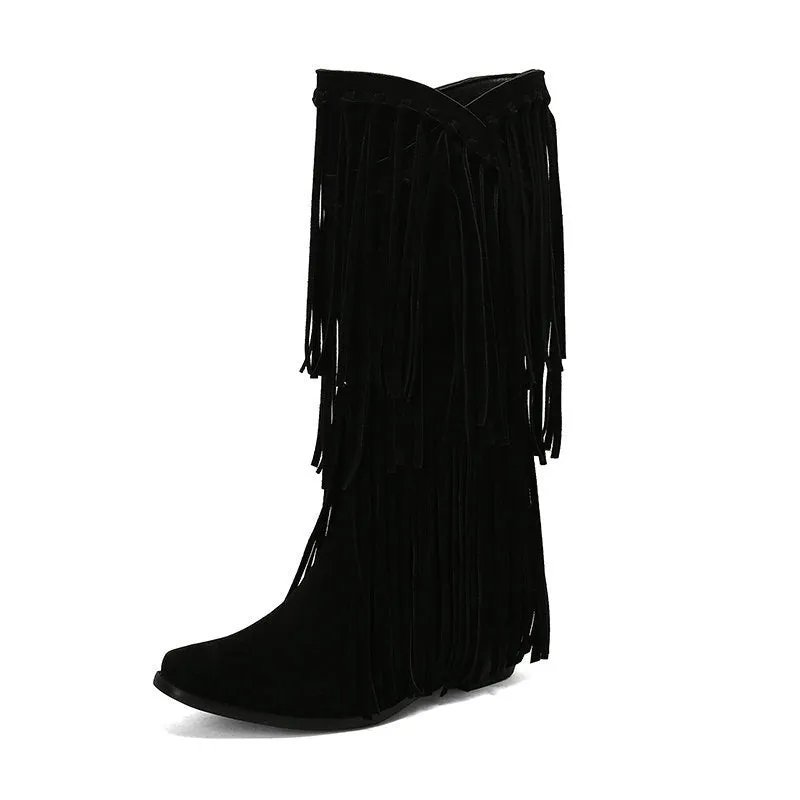 Women's suede high boots with chunky heel and square toe in beige, black, brown, red, yellow.