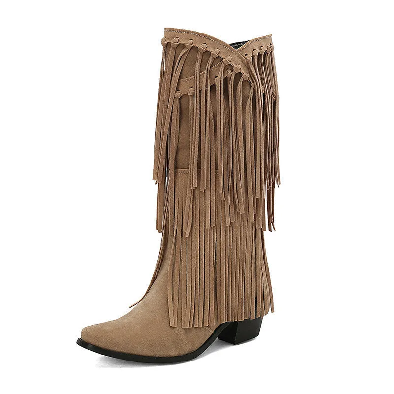 Women's suede high boots with chunky heel and square toe in beige, black, brown, red, yellow.