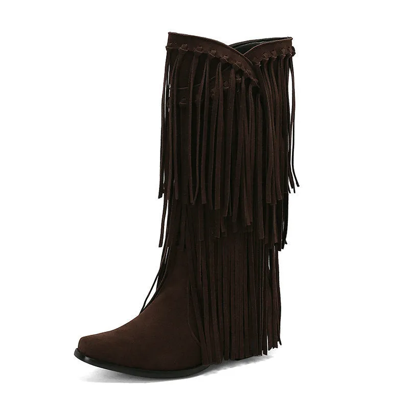 Women's suede high boots with chunky heel and square toe in beige, black, brown, red, yellow.