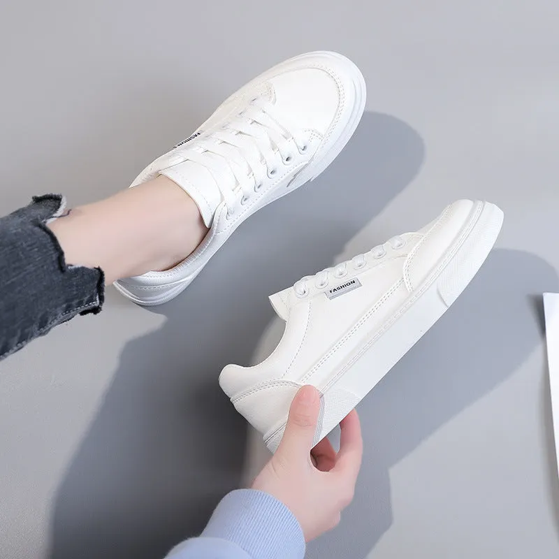 Korean style white low-top sneakers with artificial PU upper for women