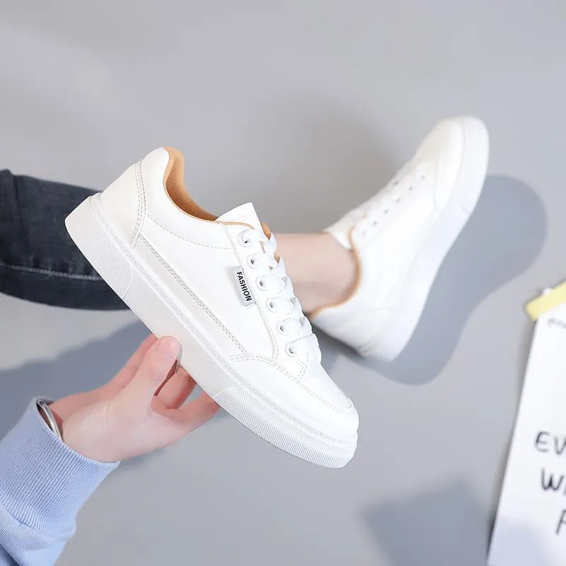 Korean style white low-top sneakers with artificial PU upper for women