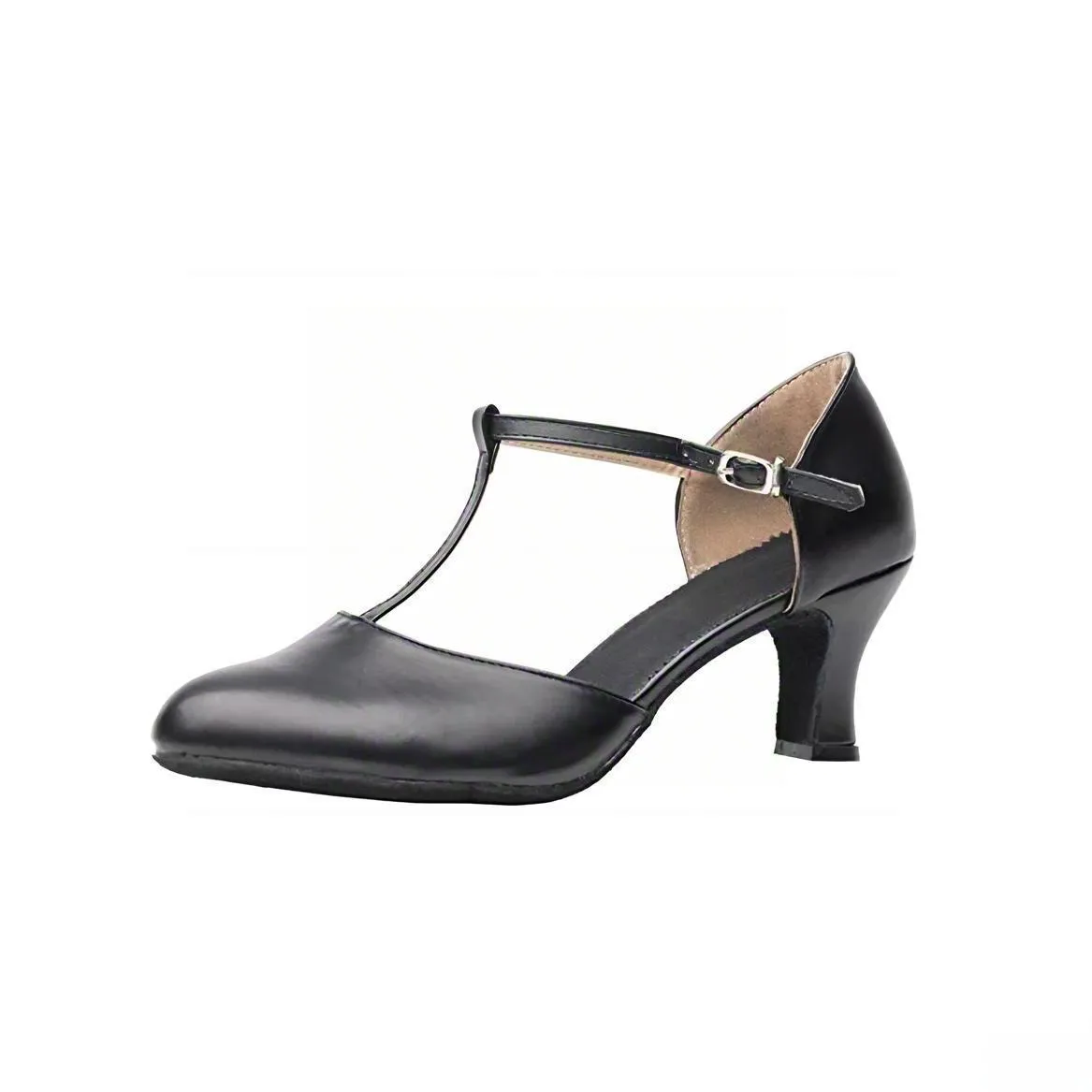 Women's black leather Latin dance shoes with T-shaped straps on a wooden dance floor