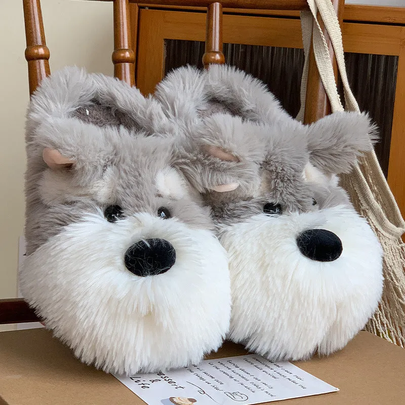 Cartoon Schnauzer puppy pattern plush slippers in gray for men and women with flat heel