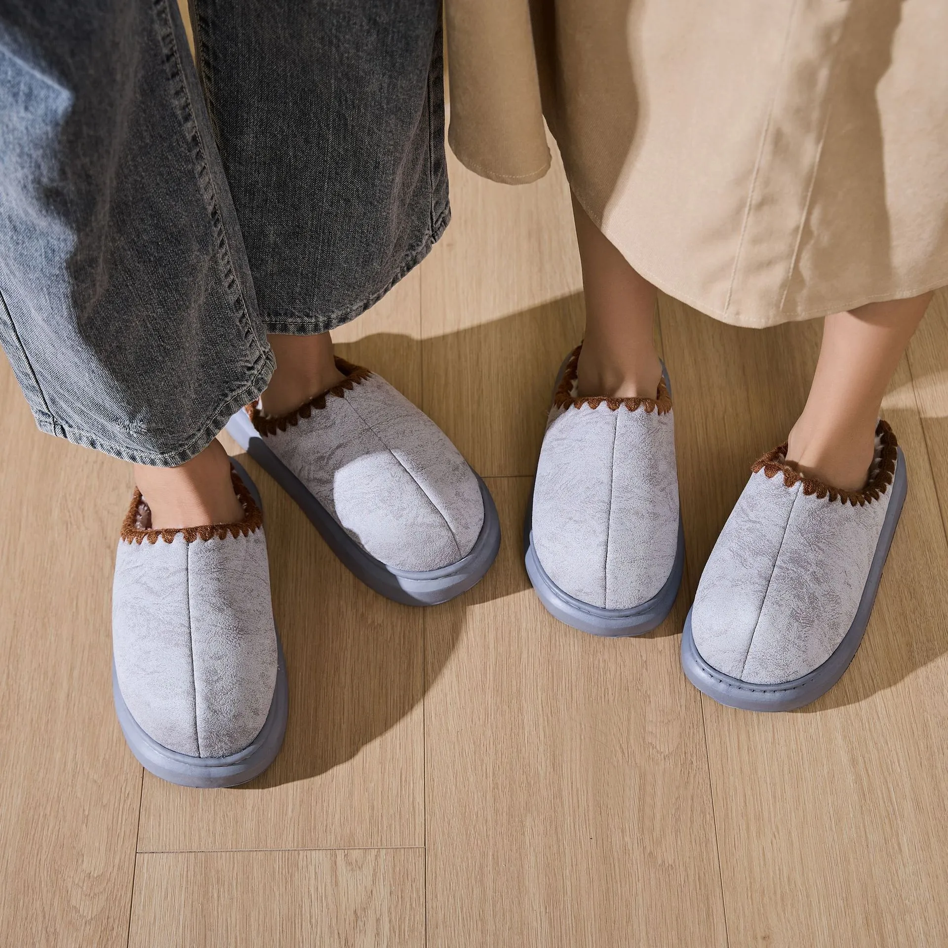Indoor non-slip cotton slippers for men and women in beige, brown, and gray with plush upper