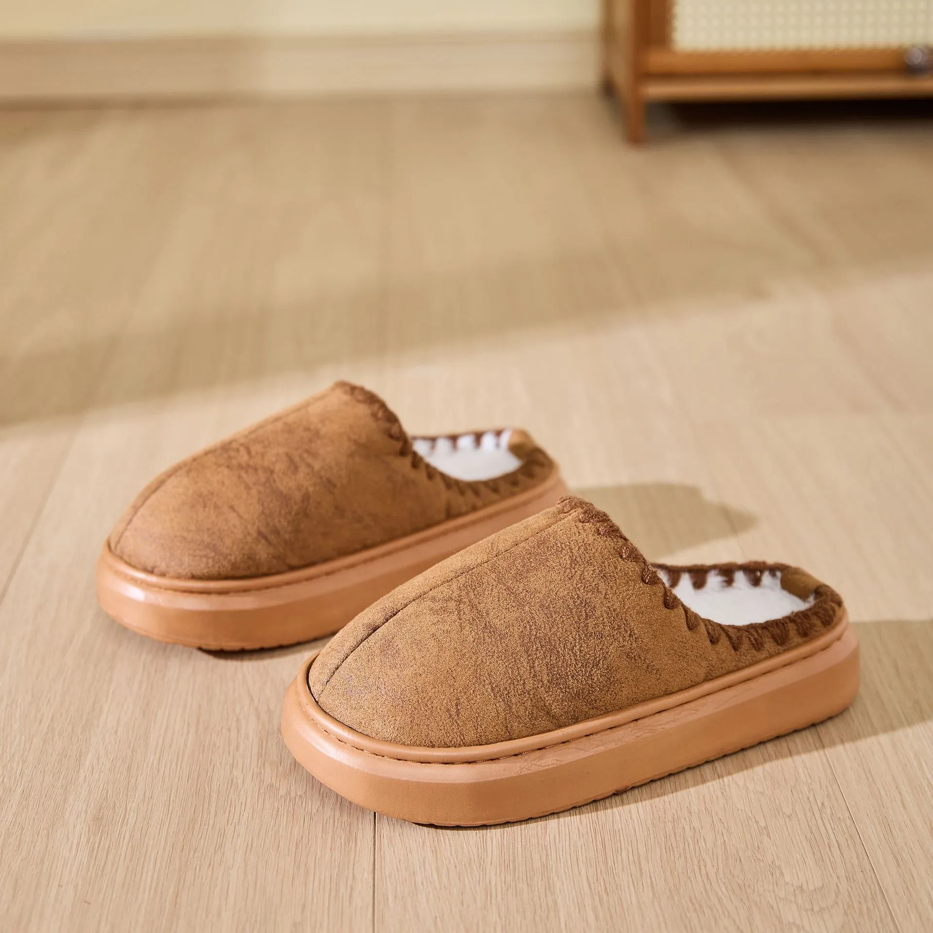 Indoor non-slip cotton slippers for men and women in beige, brown, and gray with plush upper