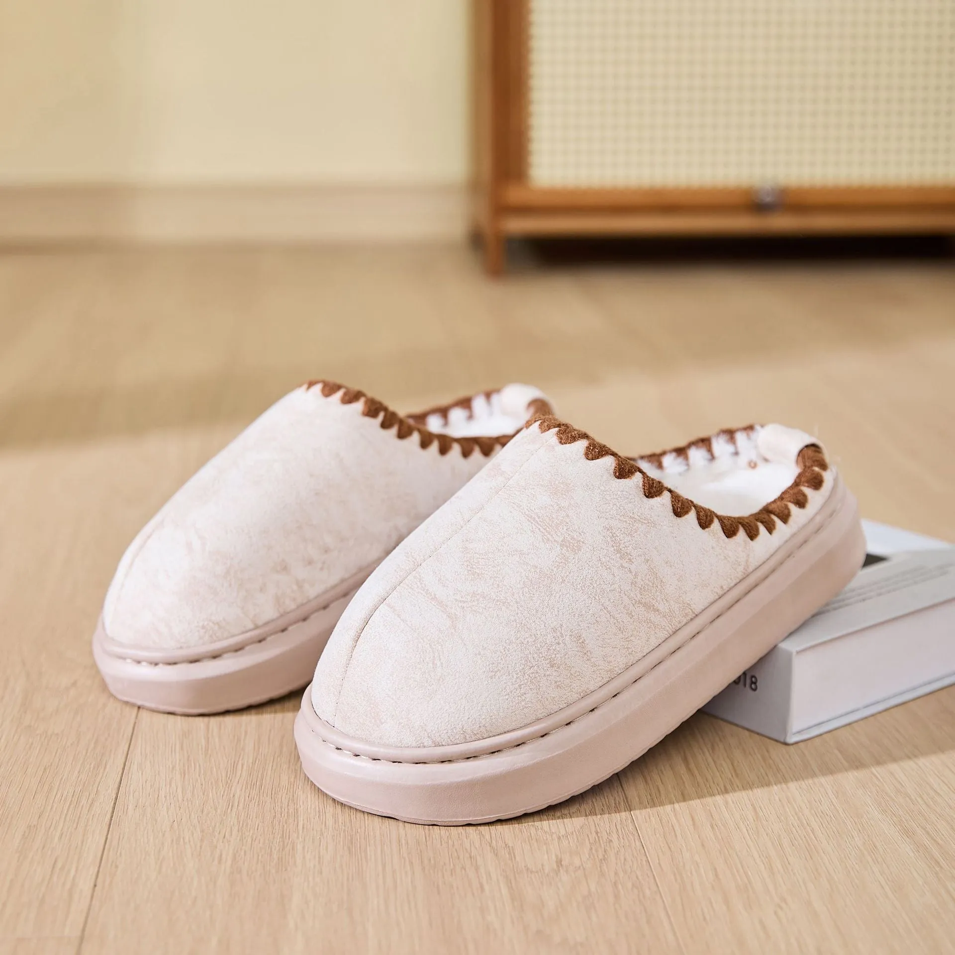 Indoor non-slip cotton slippers for men and women in beige, brown, and gray with plush upper