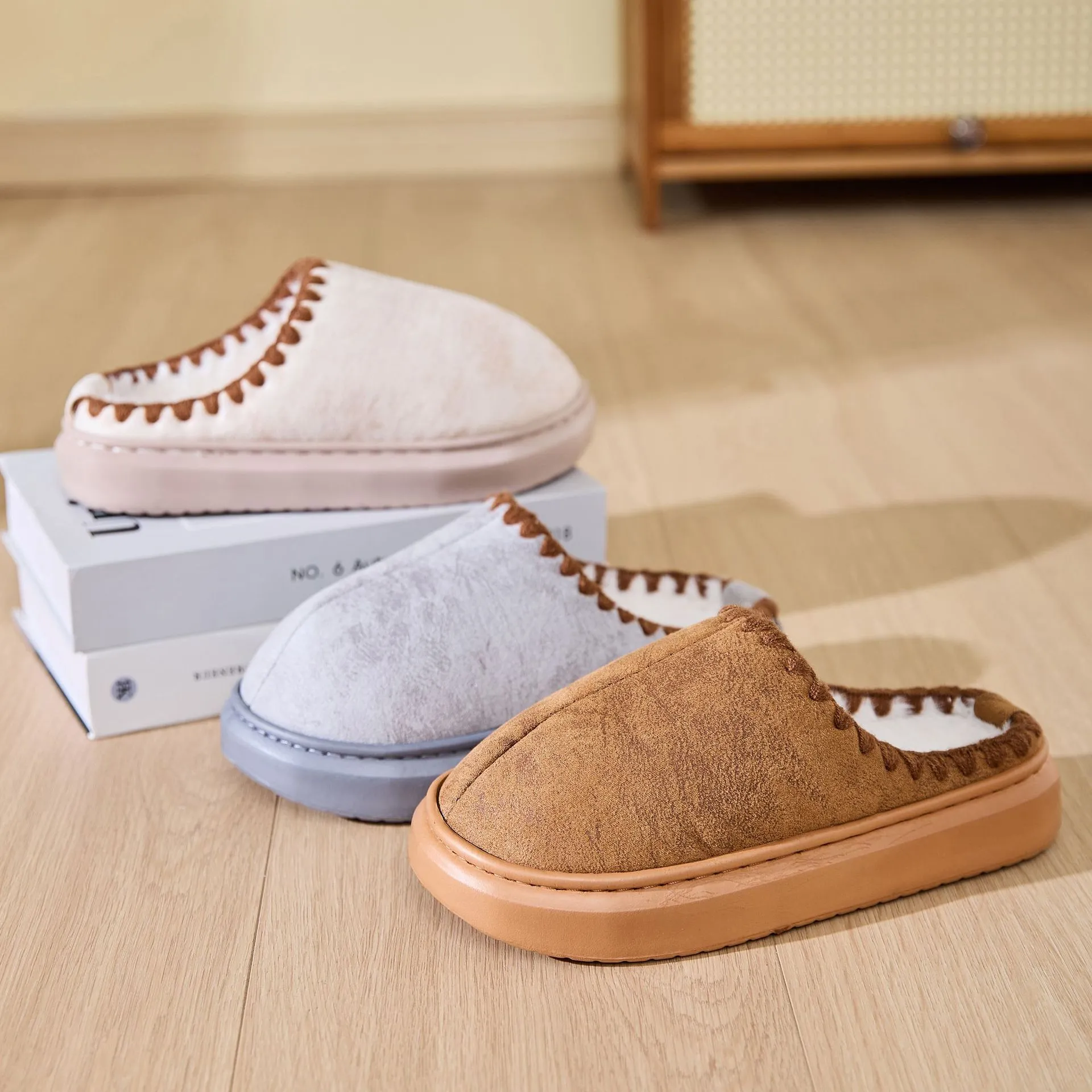 Indoor non-slip cotton slippers for men and women in beige, brown, and gray with plush upper