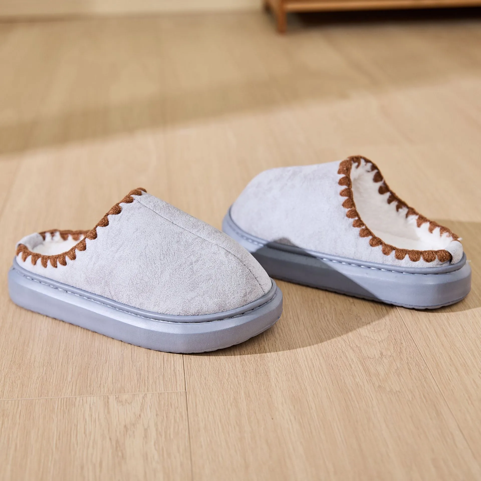Indoor non-slip cotton slippers for men and women in beige, brown, and gray with plush upper