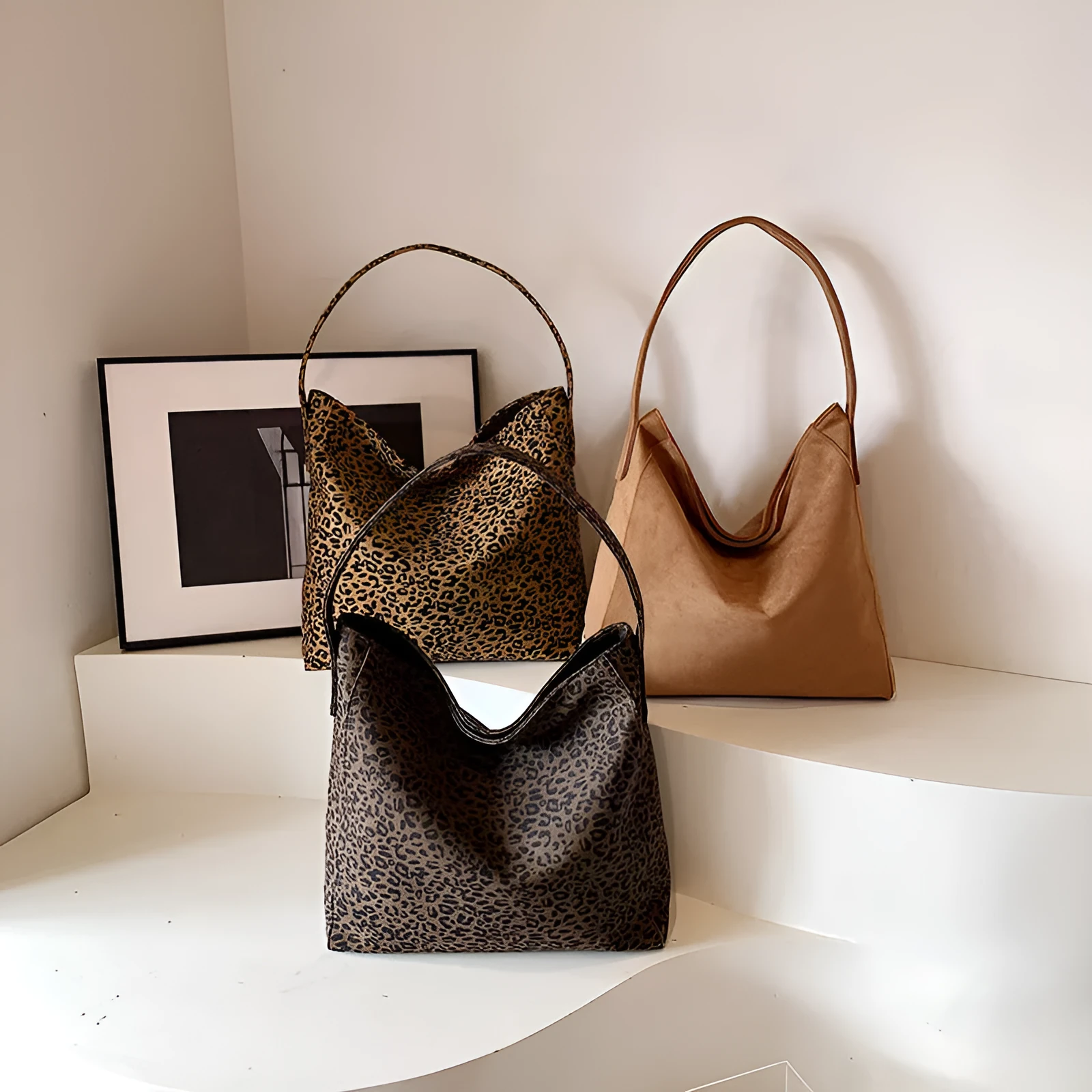 Women's leopard print large capacity horizontal square PU shoulder bag in brown and leopard coffee tones
