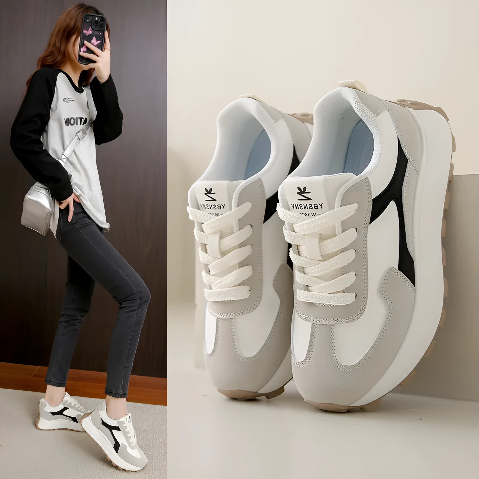 Women's low-top platform sports shoes in card black with lace-up front and rubber sole