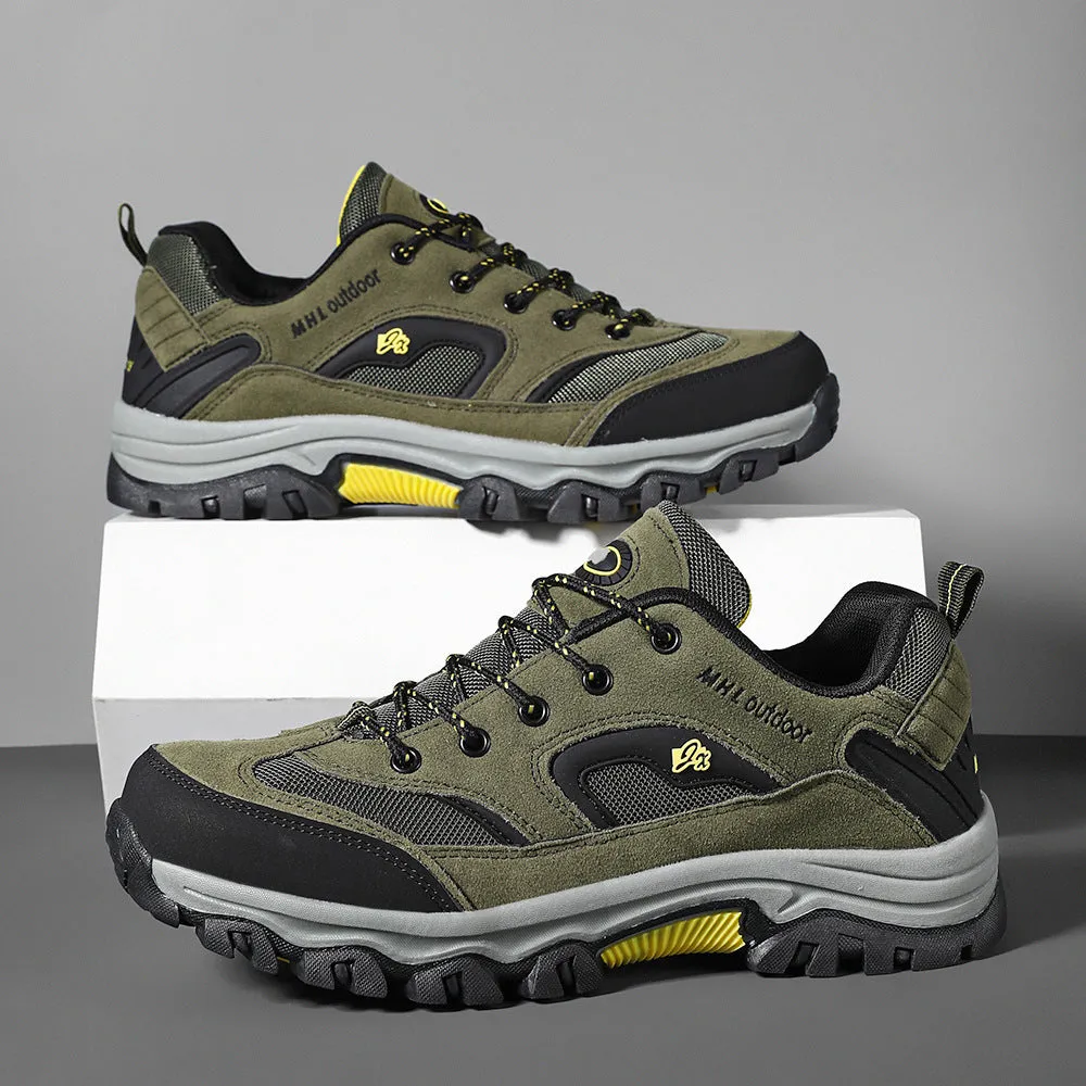 Men's waterproof non-slip mountain climbing sneakers soft bottom in army green on rocky trail