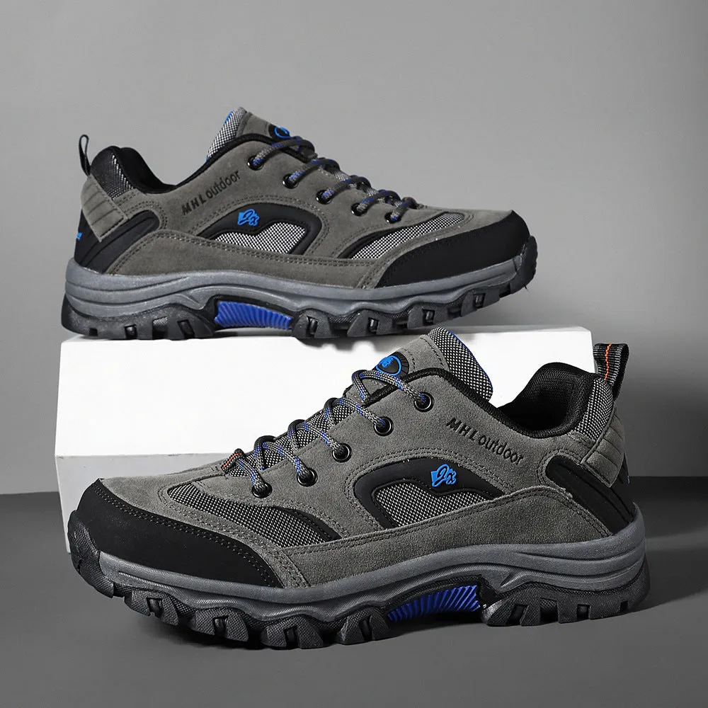 Men's waterproof non-slip mountain climbing sneakers soft bottom in army green on rocky trail