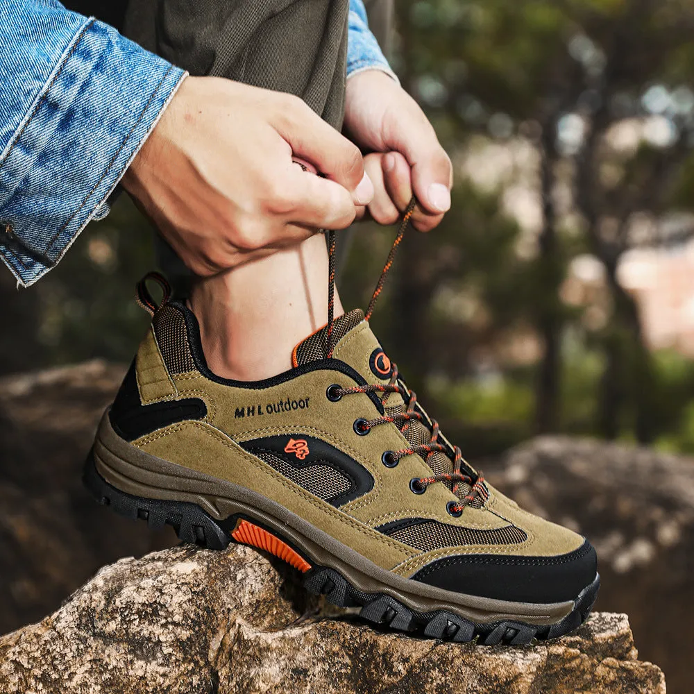 Men's waterproof non-slip mountain climbing sneakers soft bottom in army green on rocky trail
