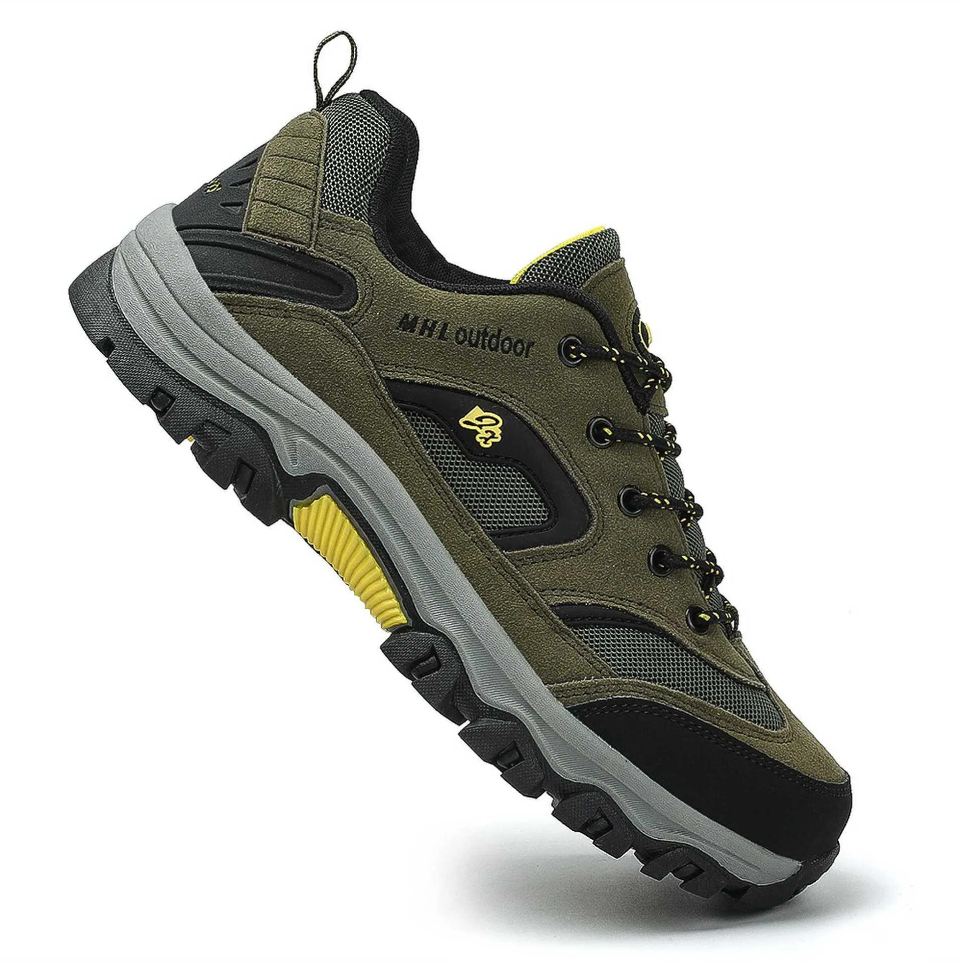 Men's waterproof non-slip mountain climbing sneakers soft bottom in army green on rocky trail