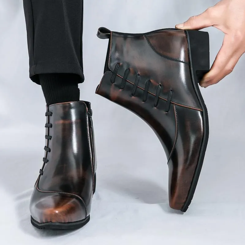 Men's large size high-top colour matching leather boots with side zipper in black and yellow