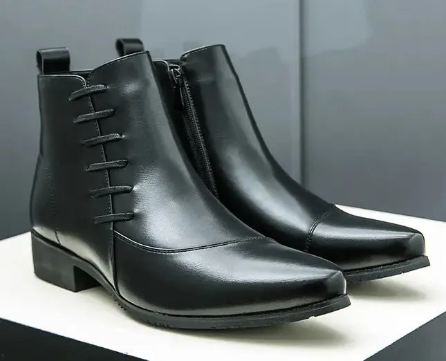 Men's large size high-top colour matching leather boots with side zipper in black and yellow