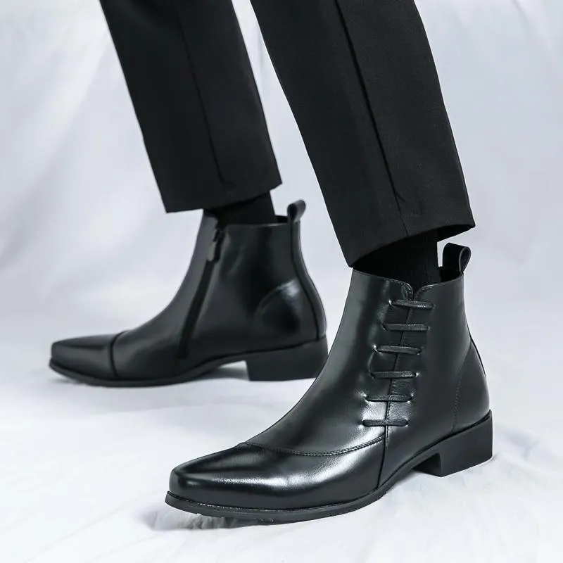 Men's large size high-top colour matching leather boots with side zipper in black and yellow