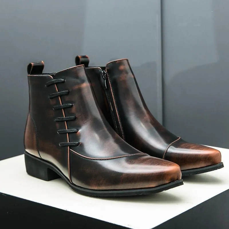 Men's large size high-top colour matching leather boots with side zipper in black and yellow