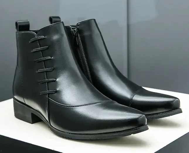 Men's large size high-top colour matching leather boots with side zipper in black and yellow