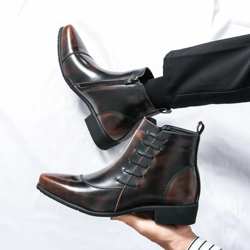 Men's large size high-top colour matching leather boots with side zipper in black and yellow