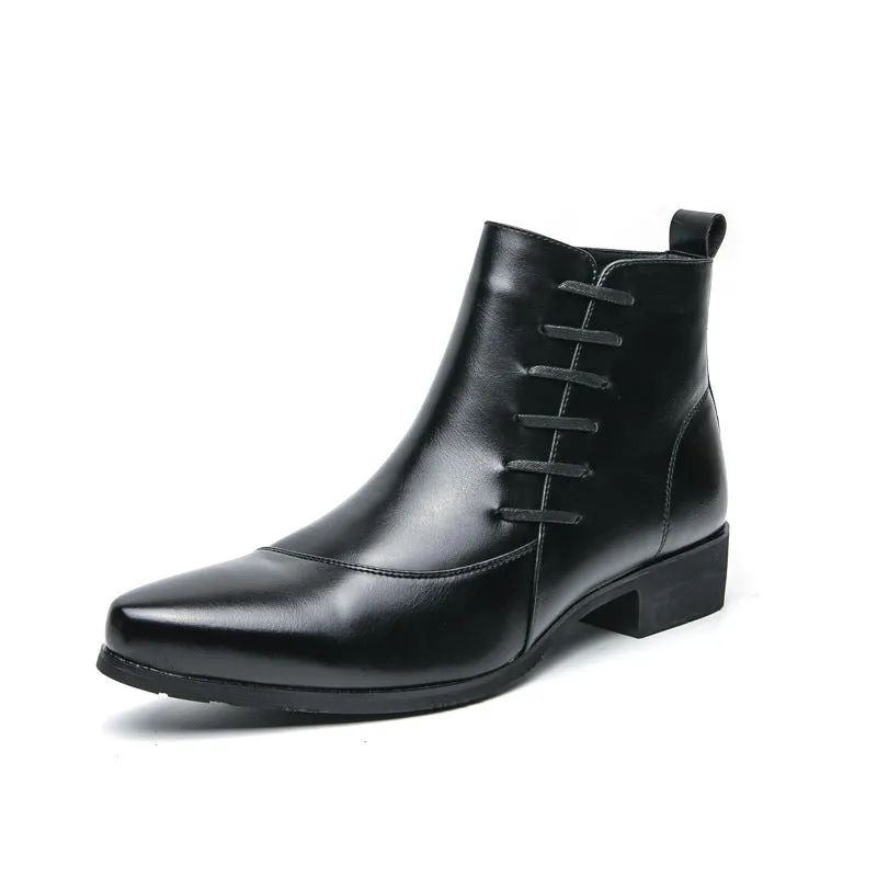 Men's large size high-top colour matching leather boots with side zipper in black and yellow