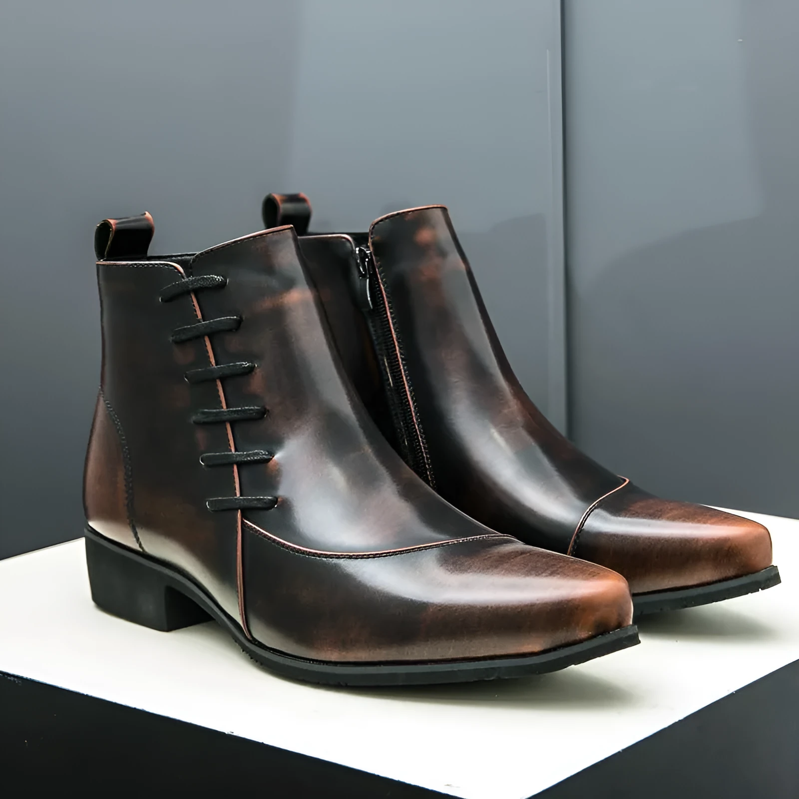 Men's large size high-top colour matching leather boots with side zipper in black and yellow
