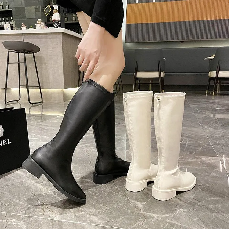 Korean style pure colour all-matching knight boots in black, high cylinder, square toe, back zipper, metal detail