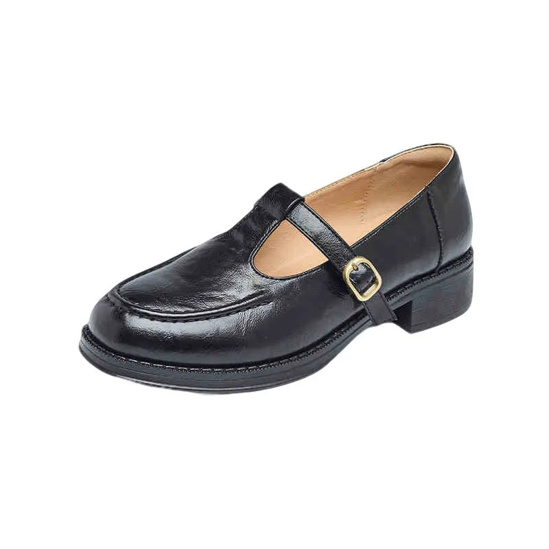Women's black commuter French platform leather shoes with round toe and buckle on rubber sole
