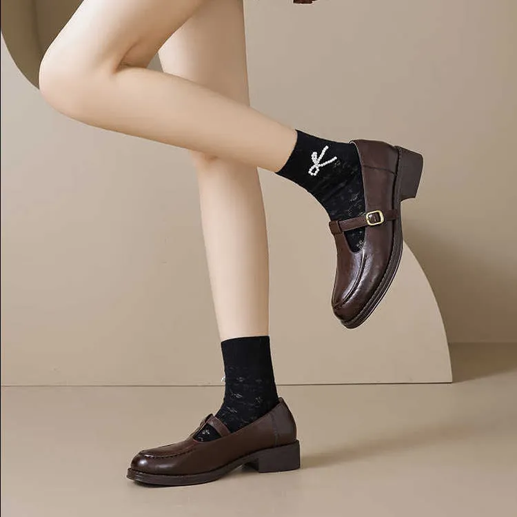 Women's black commuter French platform leather shoes with round toe and buckle on rubber sole