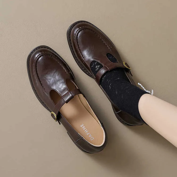 Women's black commuter French platform leather shoes with round toe and buckle on rubber sole