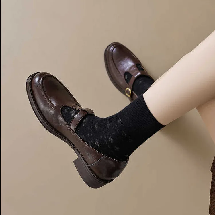 Women's black commuter French platform leather shoes with round toe and buckle on rubber sole