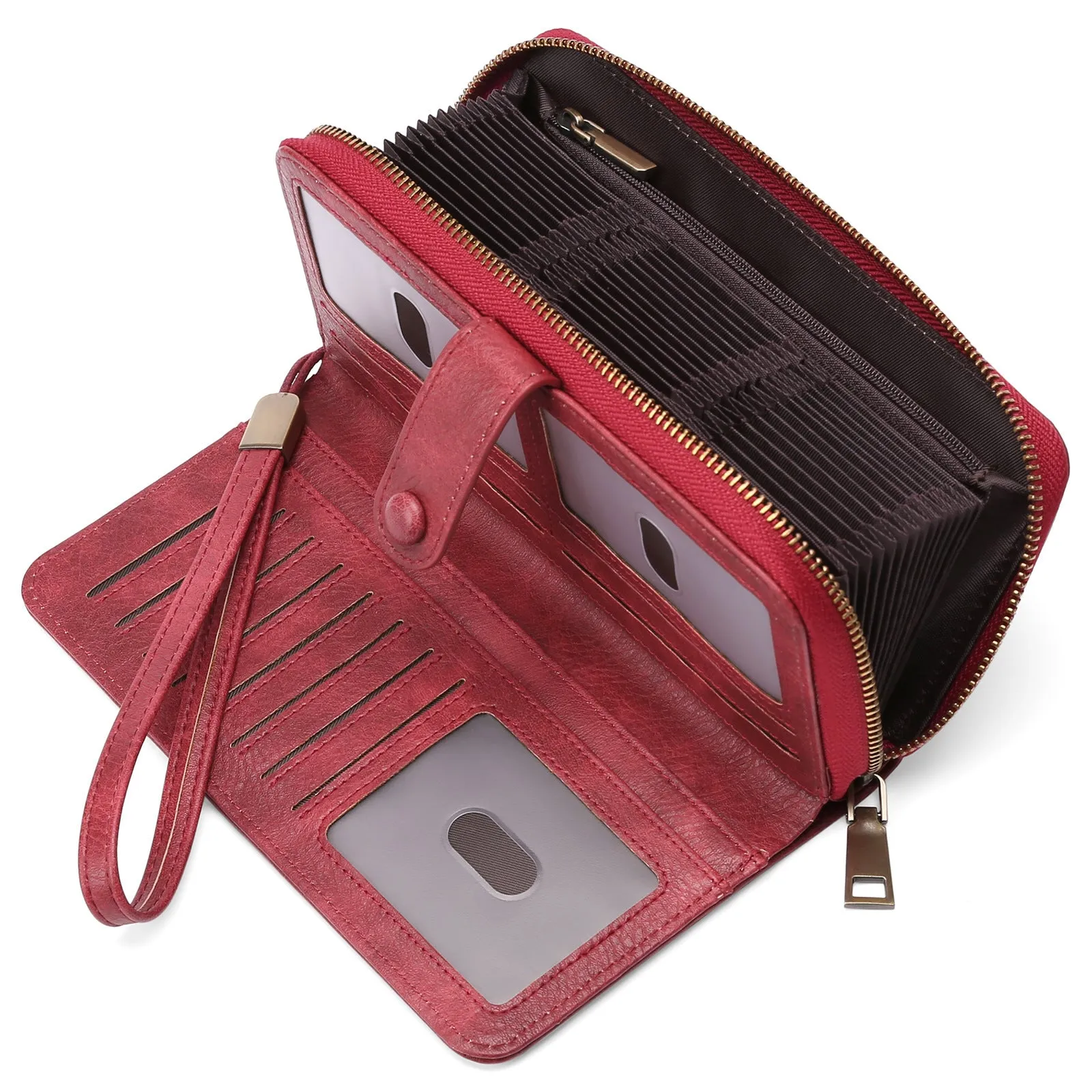 Light brown expanding card holder wallet for women showing multiple card slots and anti-theft swiping feature.